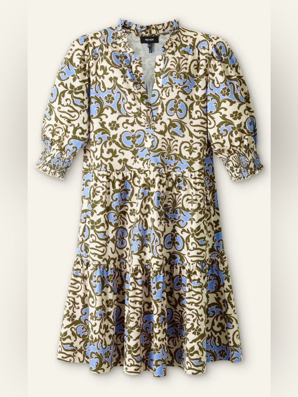 ME+EM Batik Floral Print Mini Slub Dress Cream & Blue Size 2 - Picture 2 of 11